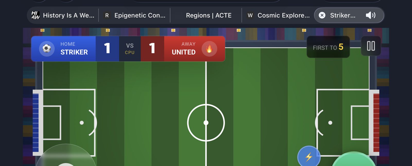 Striker Academy gameplay: a soccer pitch, Striker 1, United 1, first to five